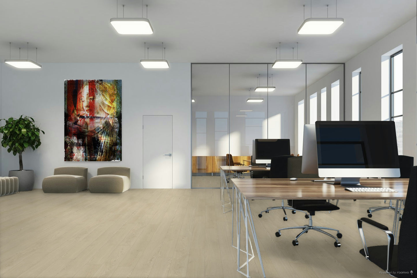 Modern office space with feature Studio Skellett artwork on the wall.