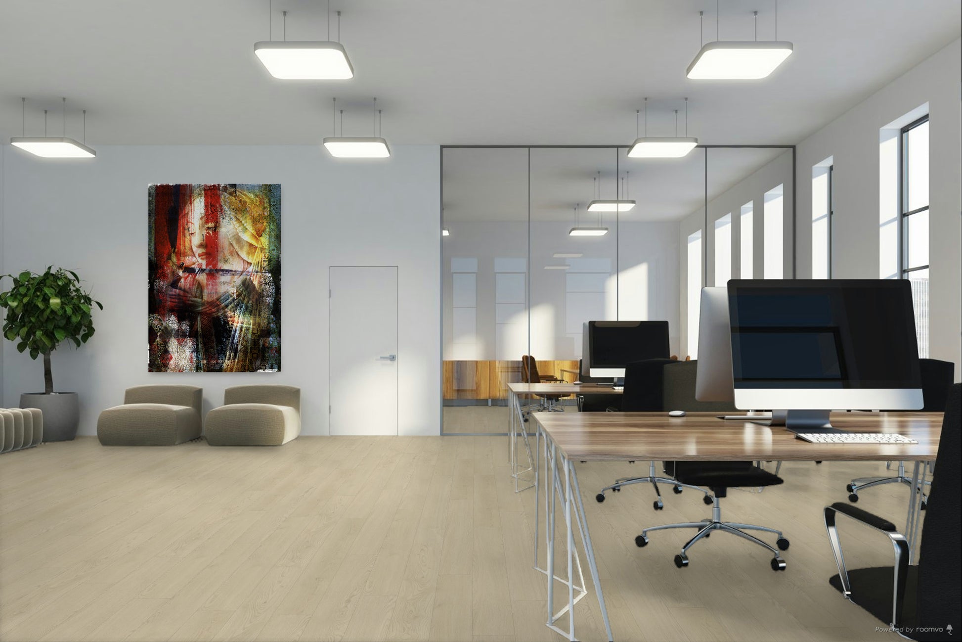 Modern office space with feature Studio Skellett artwork on the wall.